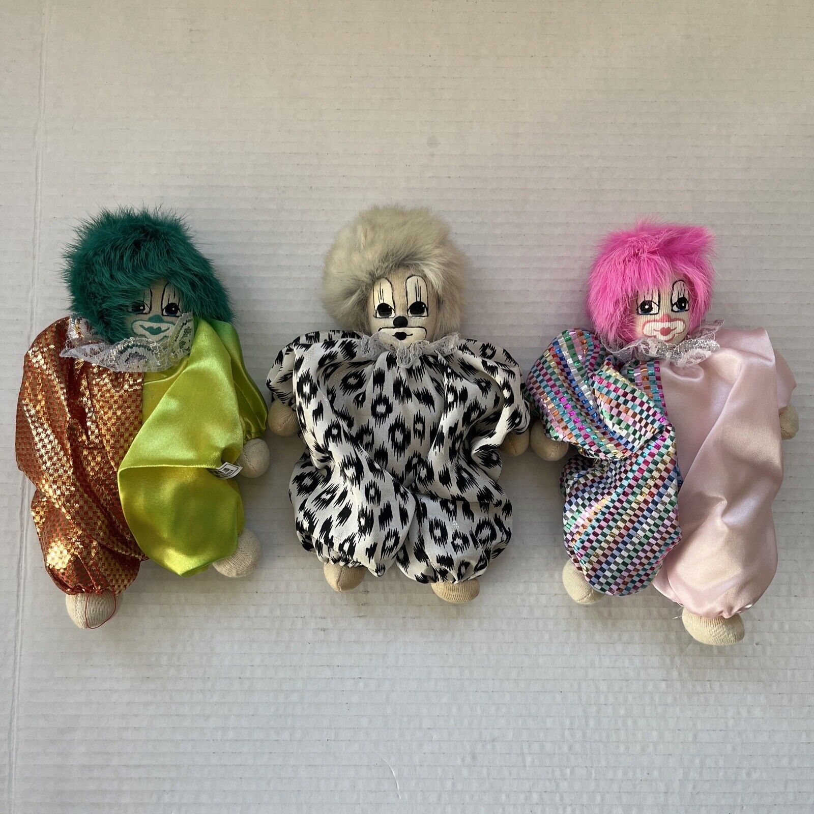 Vintage Q-Tee Clown 1980s Sand Doll Hand Made Hand Painted Lot of 3 Fur Hair 80s
