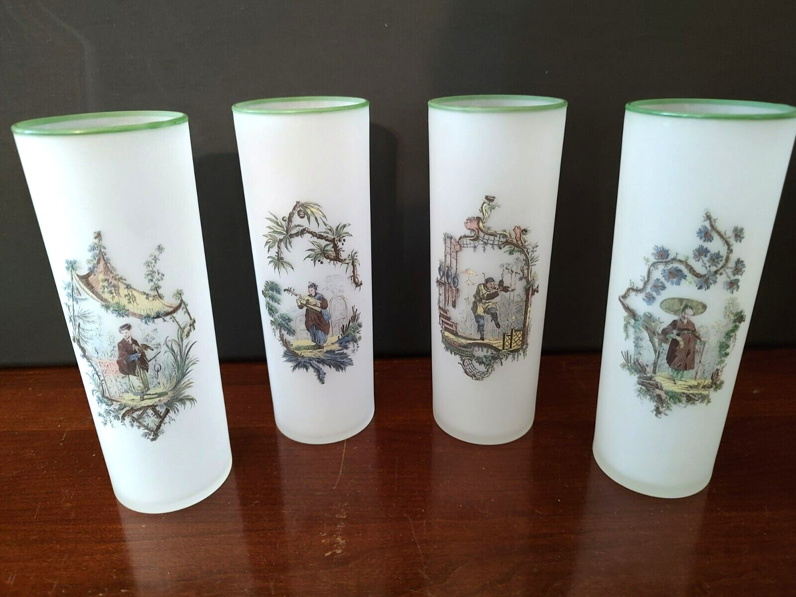 4 VTG Federal Glasses Chinoiserie High Ball 6 3/4 in Tall Frosted Barware MCM