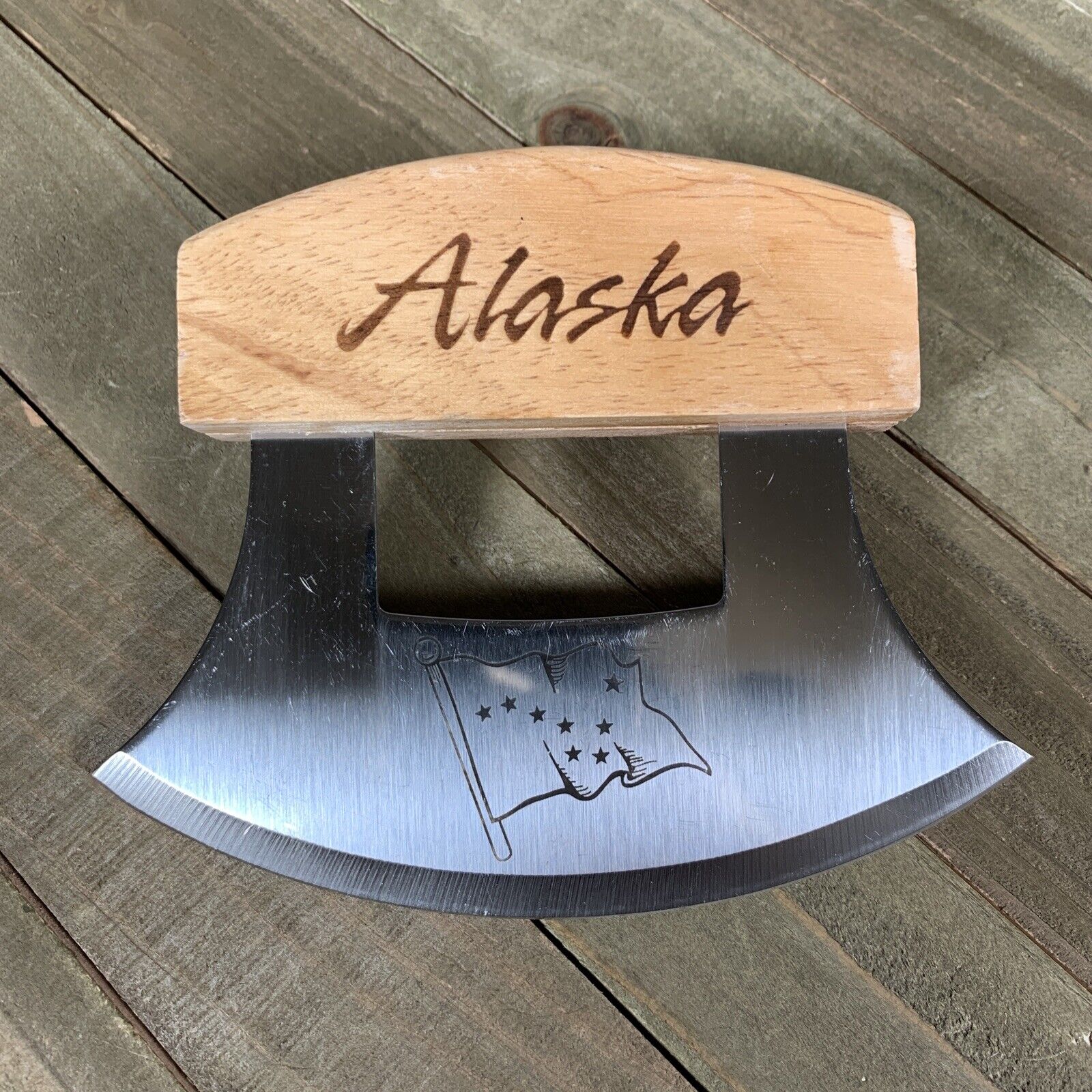 Alaska Ulu Knife Alaska Flag Birch Wood Handle 
