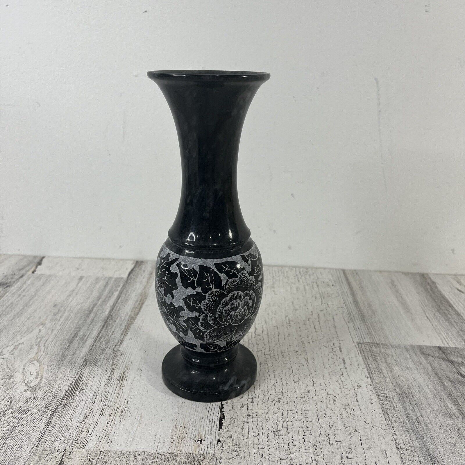 Etched Grey Swirl Genuine Marble Vase, 8” Tall. Very Good Condition.