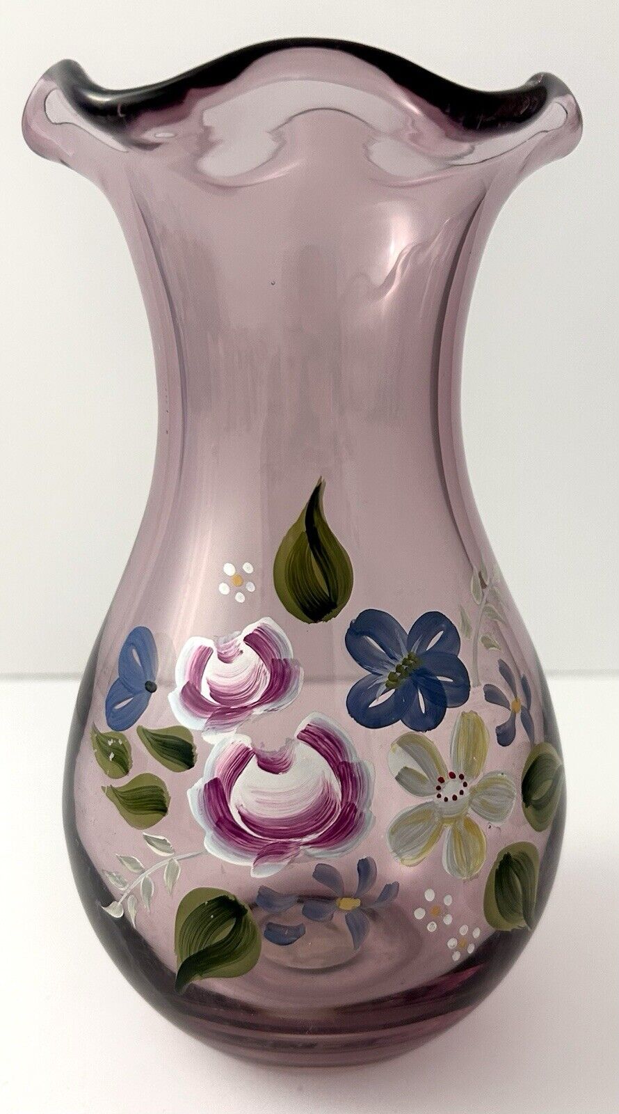 Amethyst Purple Hand Painted Ruffled Edge Vase Designed by Fenton for Teleflora