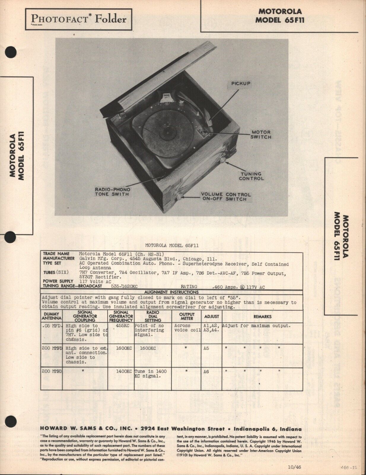 Motorola - Radio/Phono Combination - Model 68F11 - Photo Fact Folder - 1946