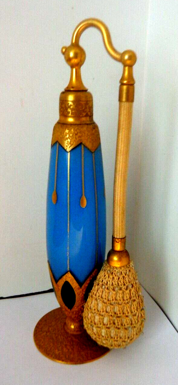 c1925 Art Deco DeVilbiss Gold Encrusted Blue Glass Perfume Atomizer w/Gold Trim