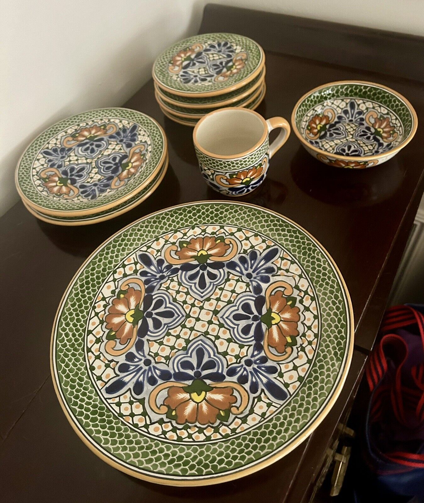 9 pc Talavera Mexican Pottery Dinnerware Set Plates Dishes Bowl & Cup Lot
