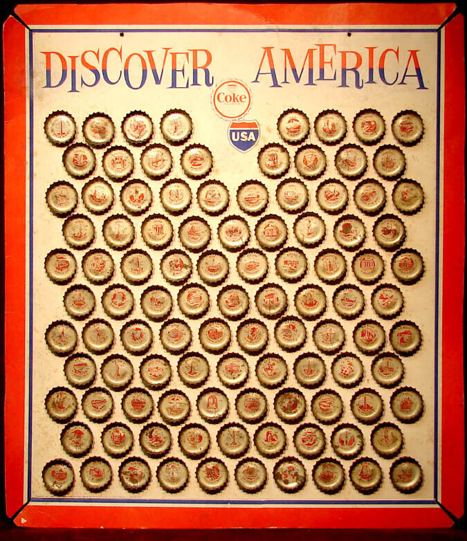 COMPLETE 1962-1963 COCA COLA DISCOVER AMERICA ADVERTISING BOTTLE CAP STORE SIGN