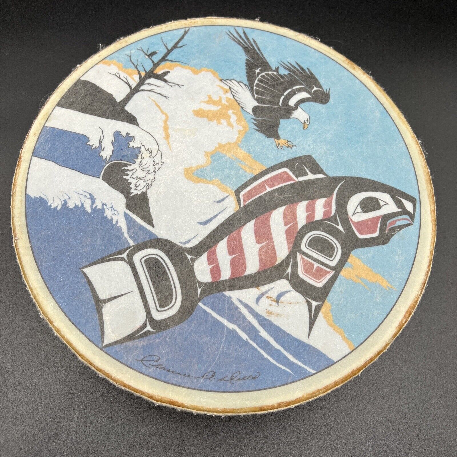 Vintage Northwest Coast Indian Haida Art Drum Signed Clarence A. Wells 11”