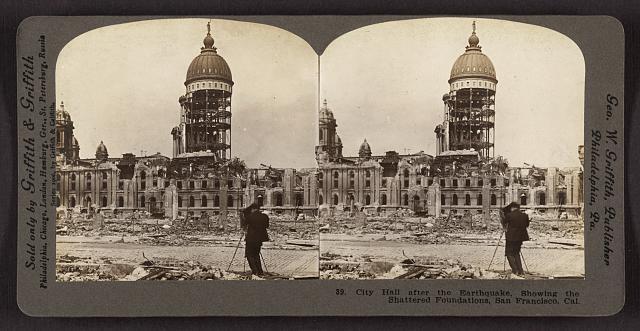 City Hall after the earthquake, showing the shattered foundations, - Old Photo