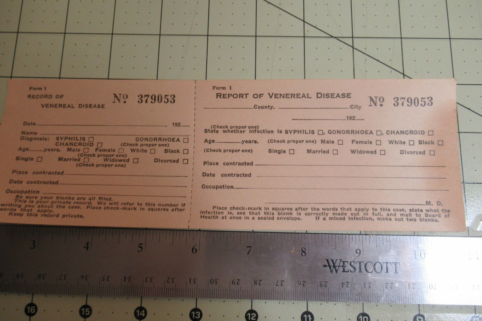 vintage 1920's medical document for Venereal Disease numbered reporting