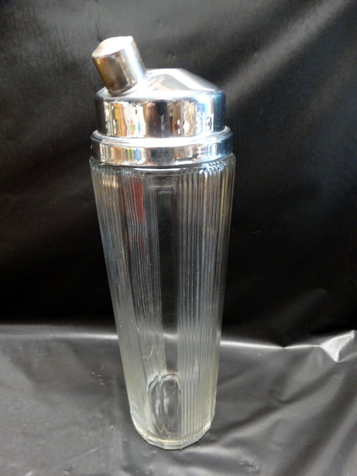 Vintage Art Deco Glass Cocktail Shaker Skyscraper with Vertical Ribbed Design