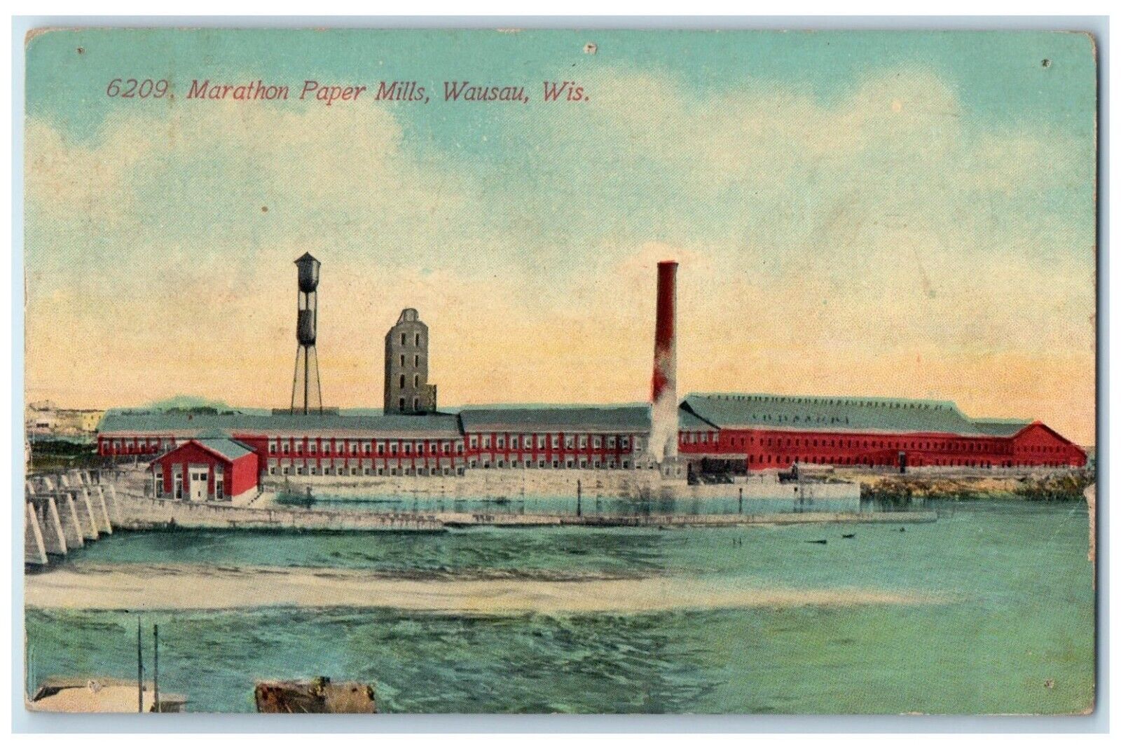 1912 Marathon Paper Mills Building Dam Wausau Wisconsin Vintage Antique Postcard