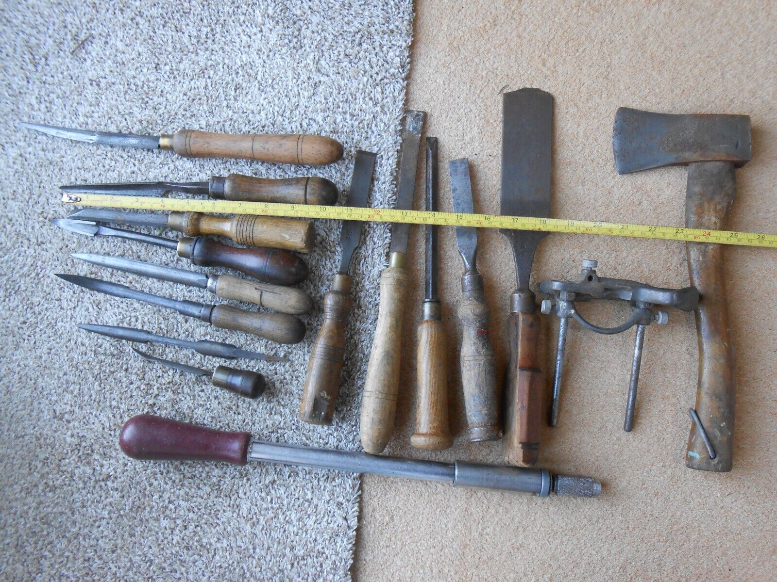 Vintage Tools Job Lot, small hatchet, chisels, bearing scrapers, record No.043