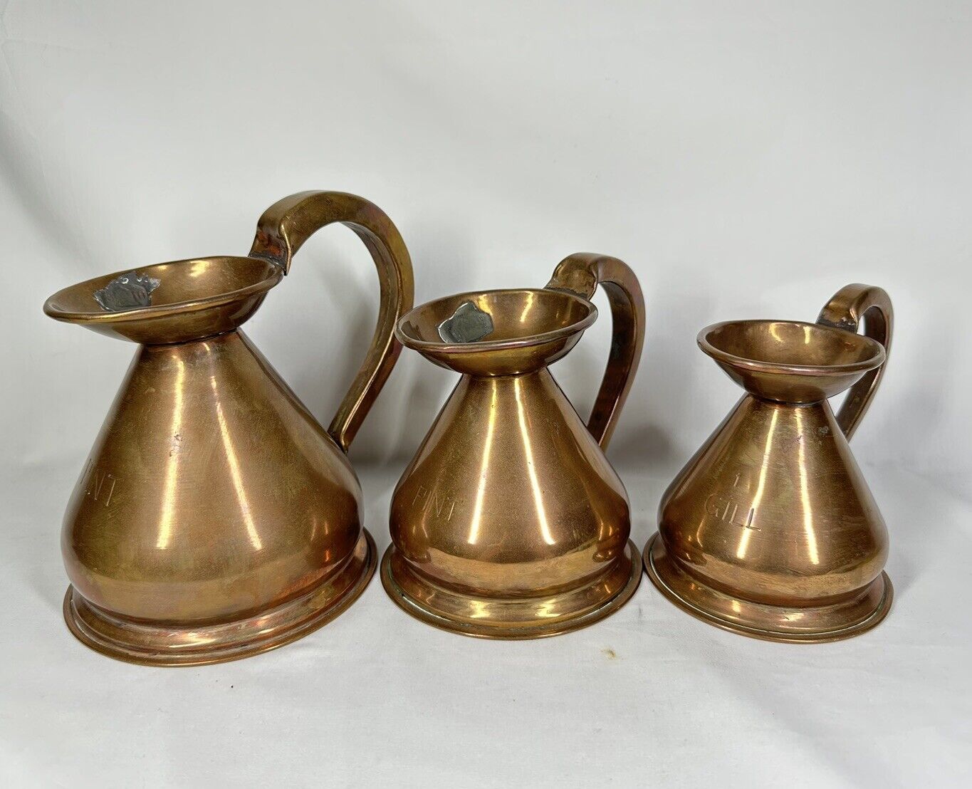 Antique English Copper 3 Piece Measuring Set Imperial Pint 1/2 Pint Gill VGC