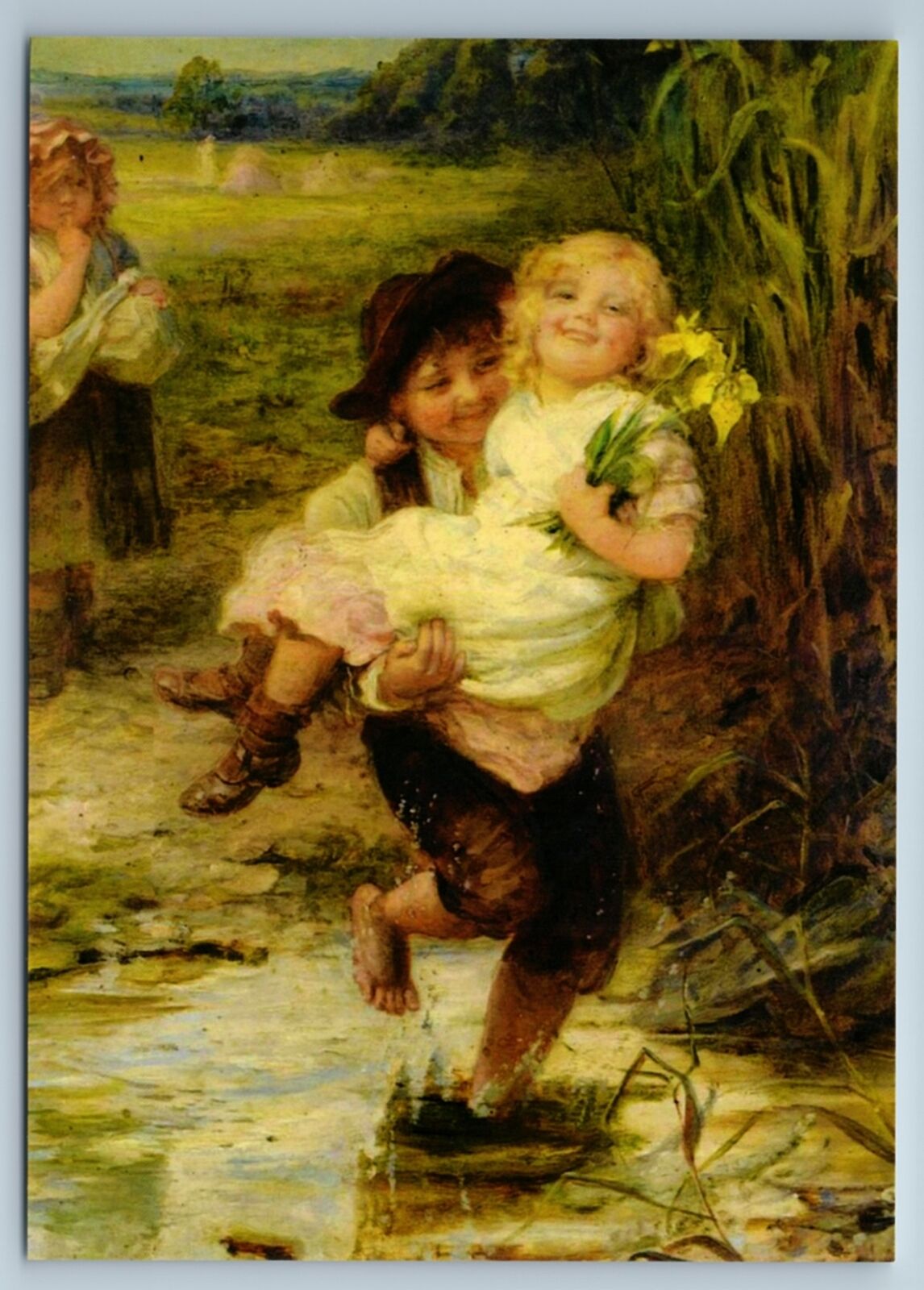 LITTLE BOY moves GIRL through a puddle suitor New Unposted Postcard