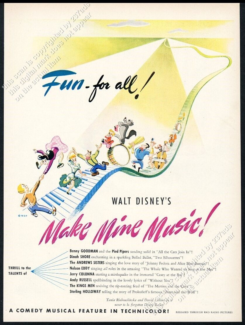 1946 Walt Disney Make Mine Music movie release animation art vintage print ad