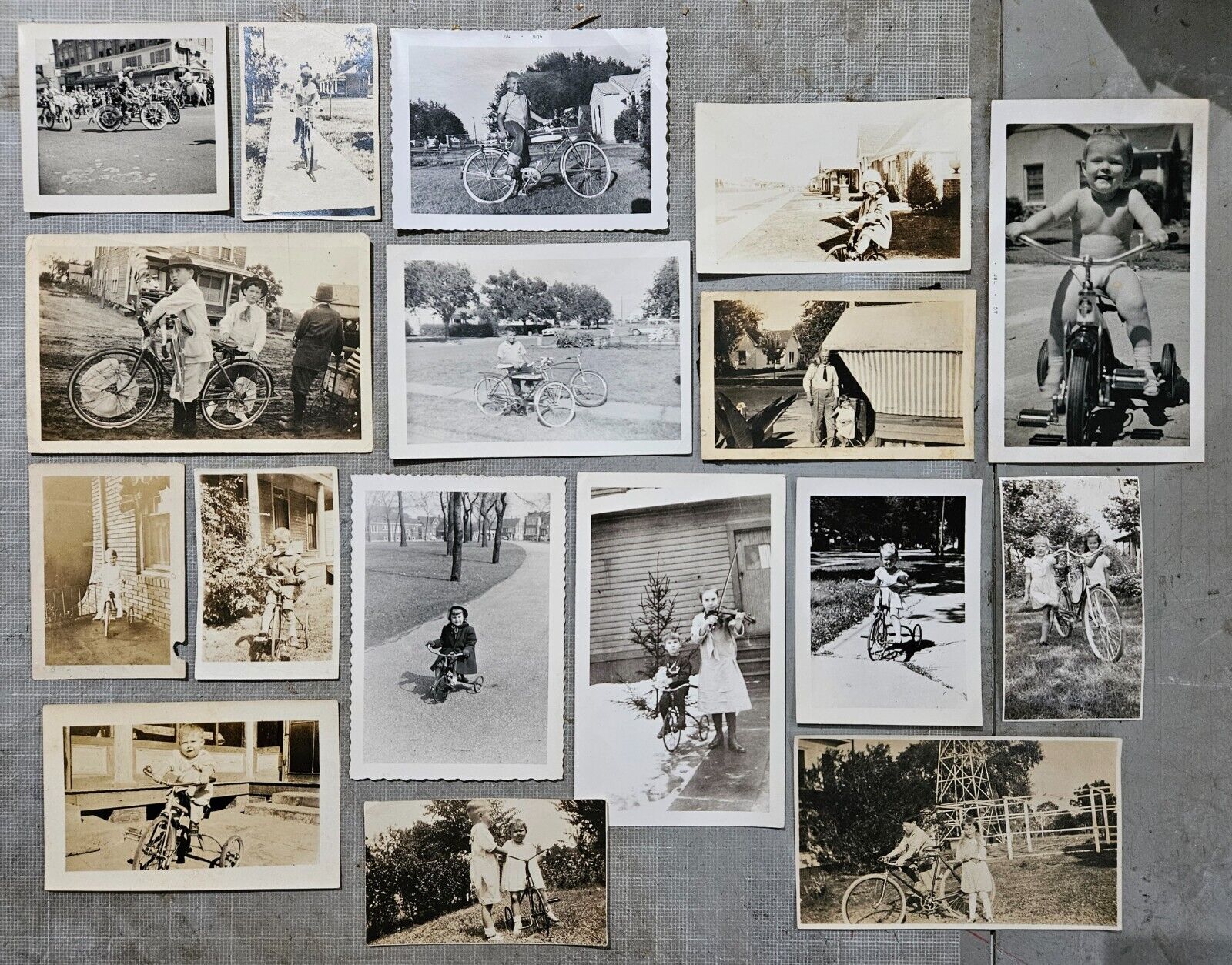 17 assorted original antique photo snapshot lot, people with bikes