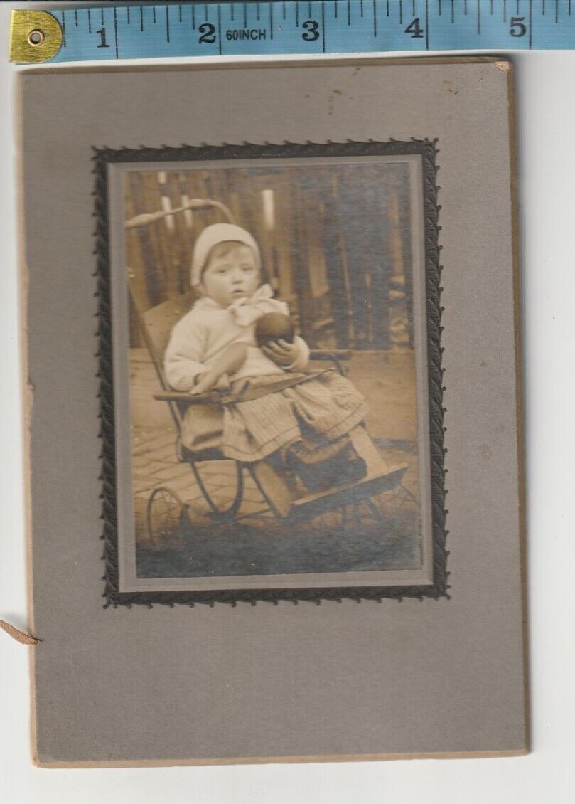 Antique C1890s-1920s Absolutely Adorable Baby in antique stroller Ball LOOK
