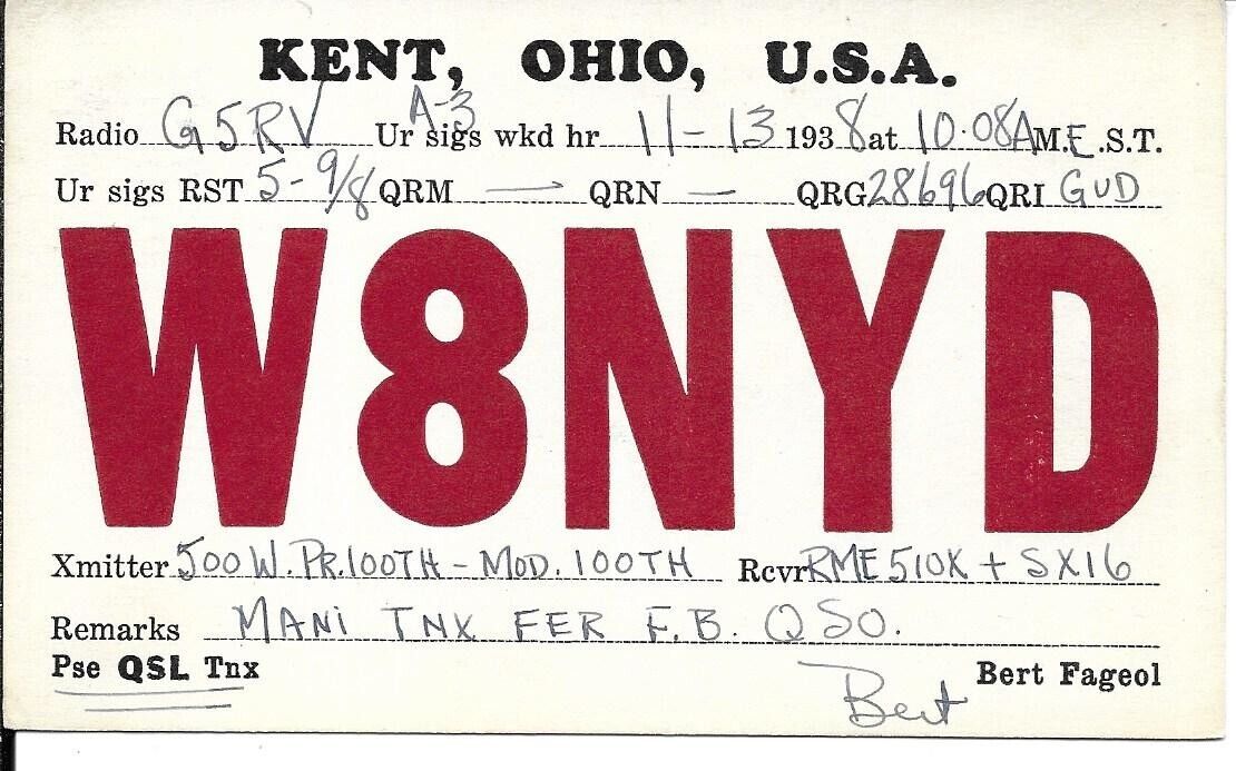 QSL  1938 Kent Ohio    radio card