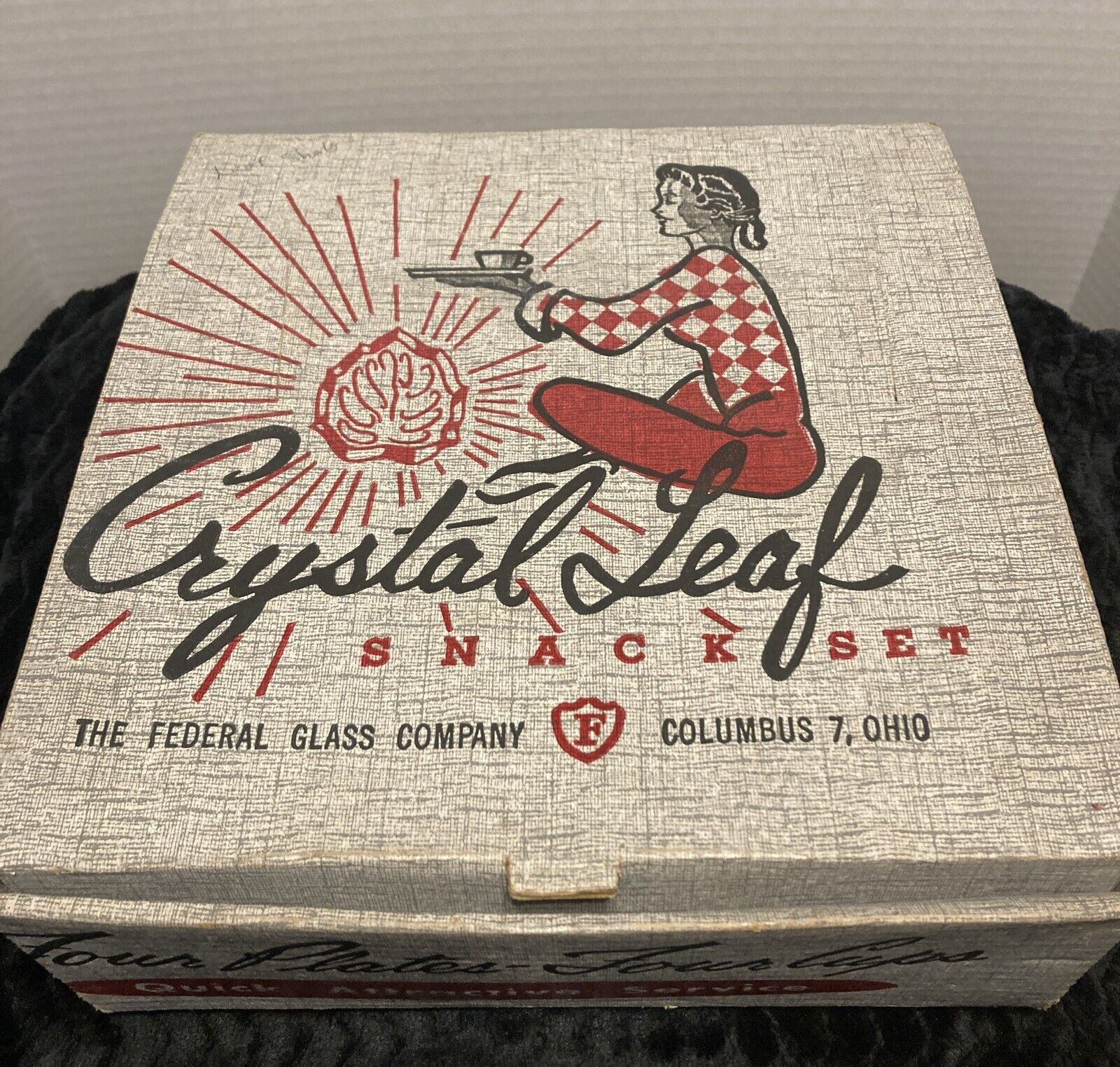 Vintage  Complete Set 1959  Crystal Leaf Snack Set Federal Glass Co. Orig Box