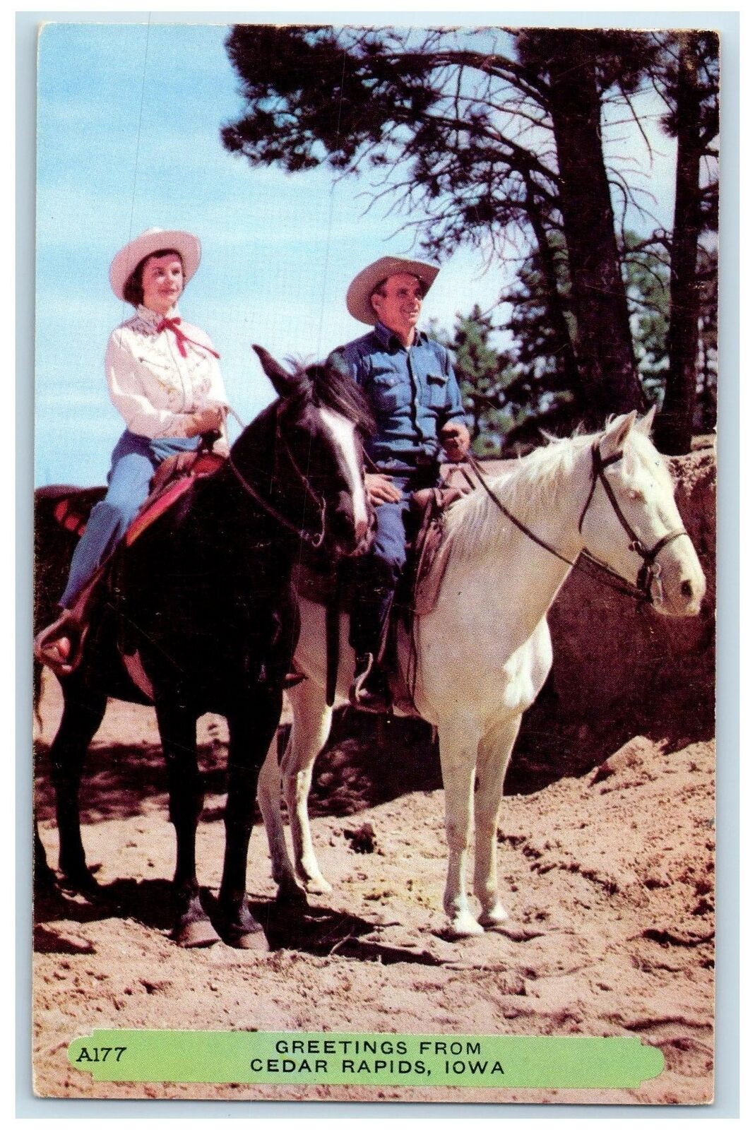 c1960 Greetings From Cedar Rapids Iowa IA Unposted Cowboy Cowgirl Horse Postcard