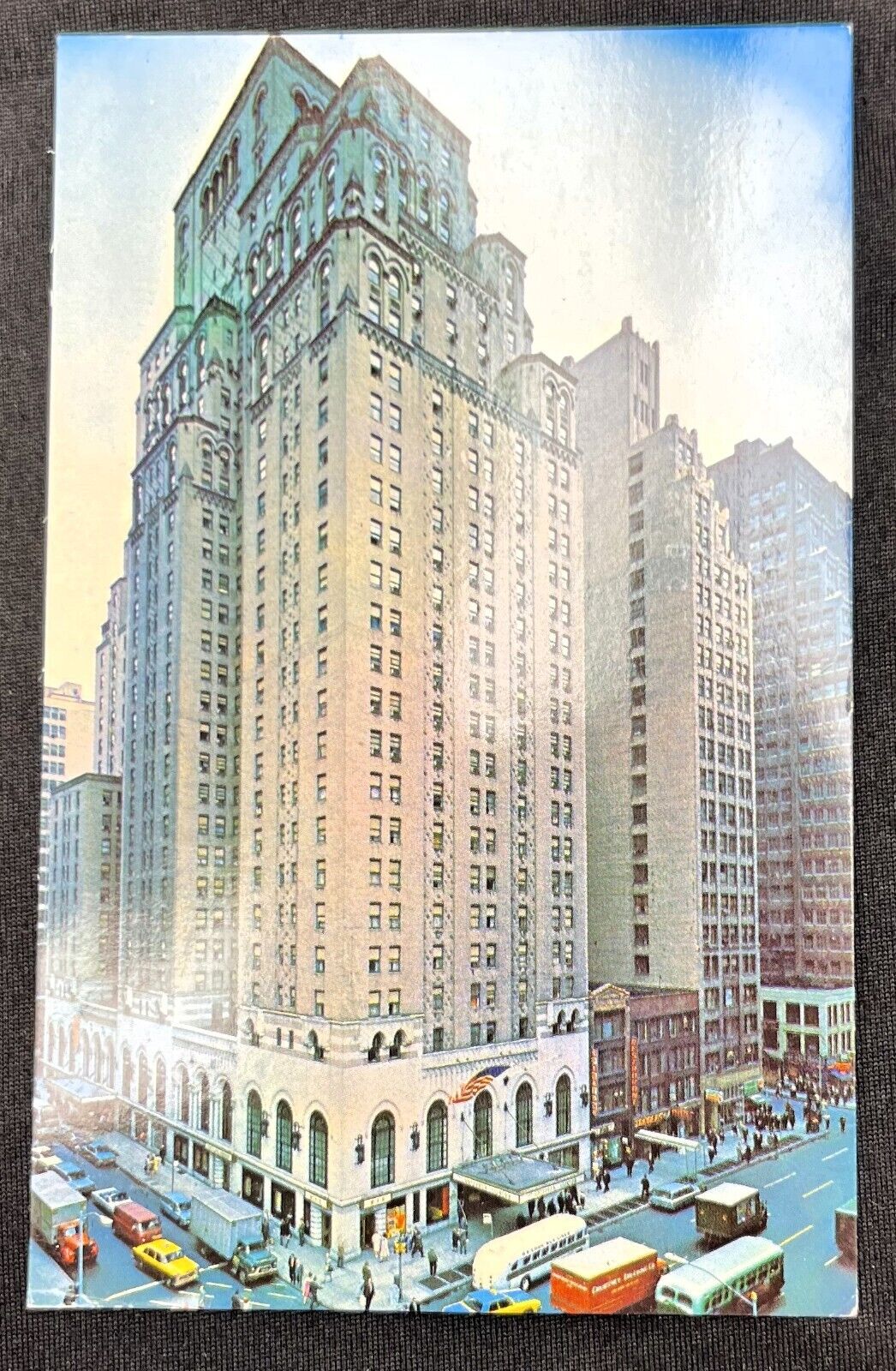 1960\'s Hotel Governor Clinton Hotel Color Lithograph Postcard Cars Buses People