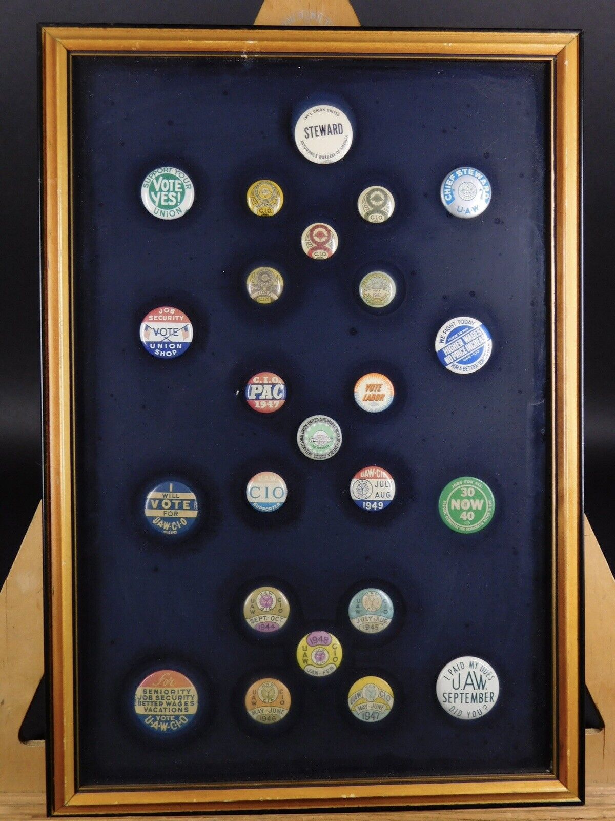 Framed Collection UAW United Auto Workers 24 Buttons Framed 1937- 1947