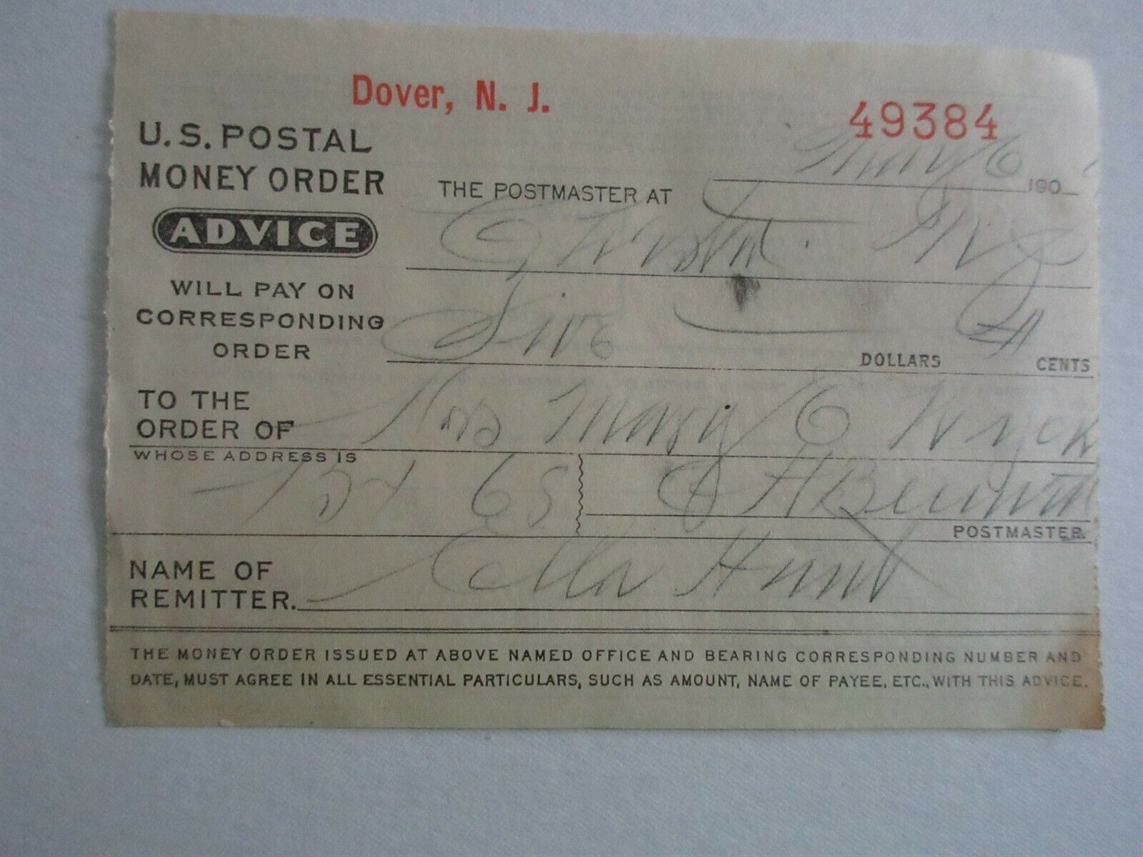 US Postal Money Order Advice 1909 Dover, New Jersey #49384