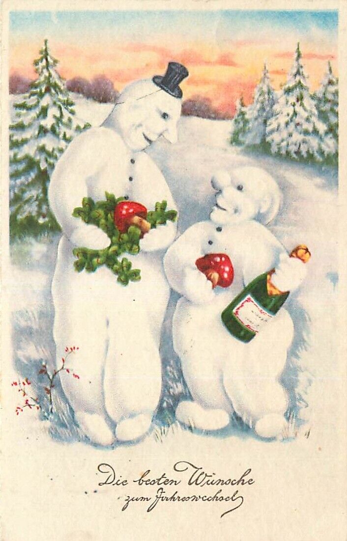 Christmas & New Year Postcard Pair Snowmen w 4-Leaf Clovers, Mushrooms & Bottle