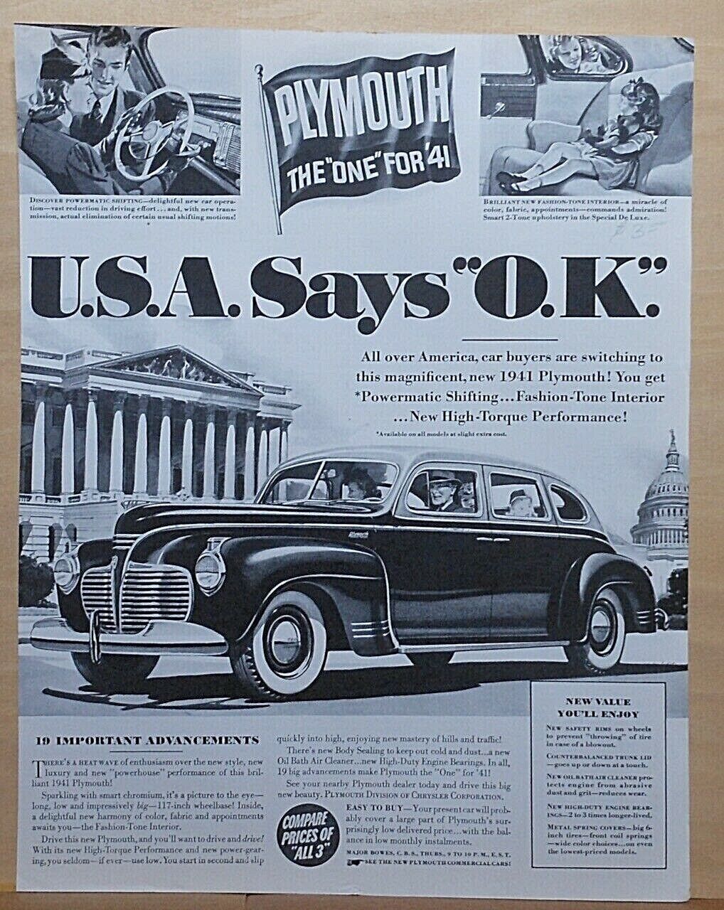 1940 magazine ad for Plymouth - USA Says OK, 19 Important Advancements