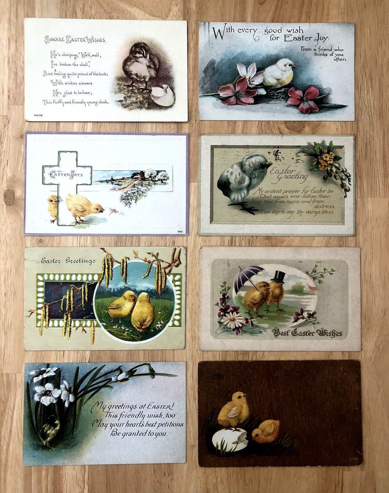 ANTIQUE EARLY 1900s LOT OF 8 EASTER CHICK POSTCARDS - 3 WITH 1 CENT STAMPS