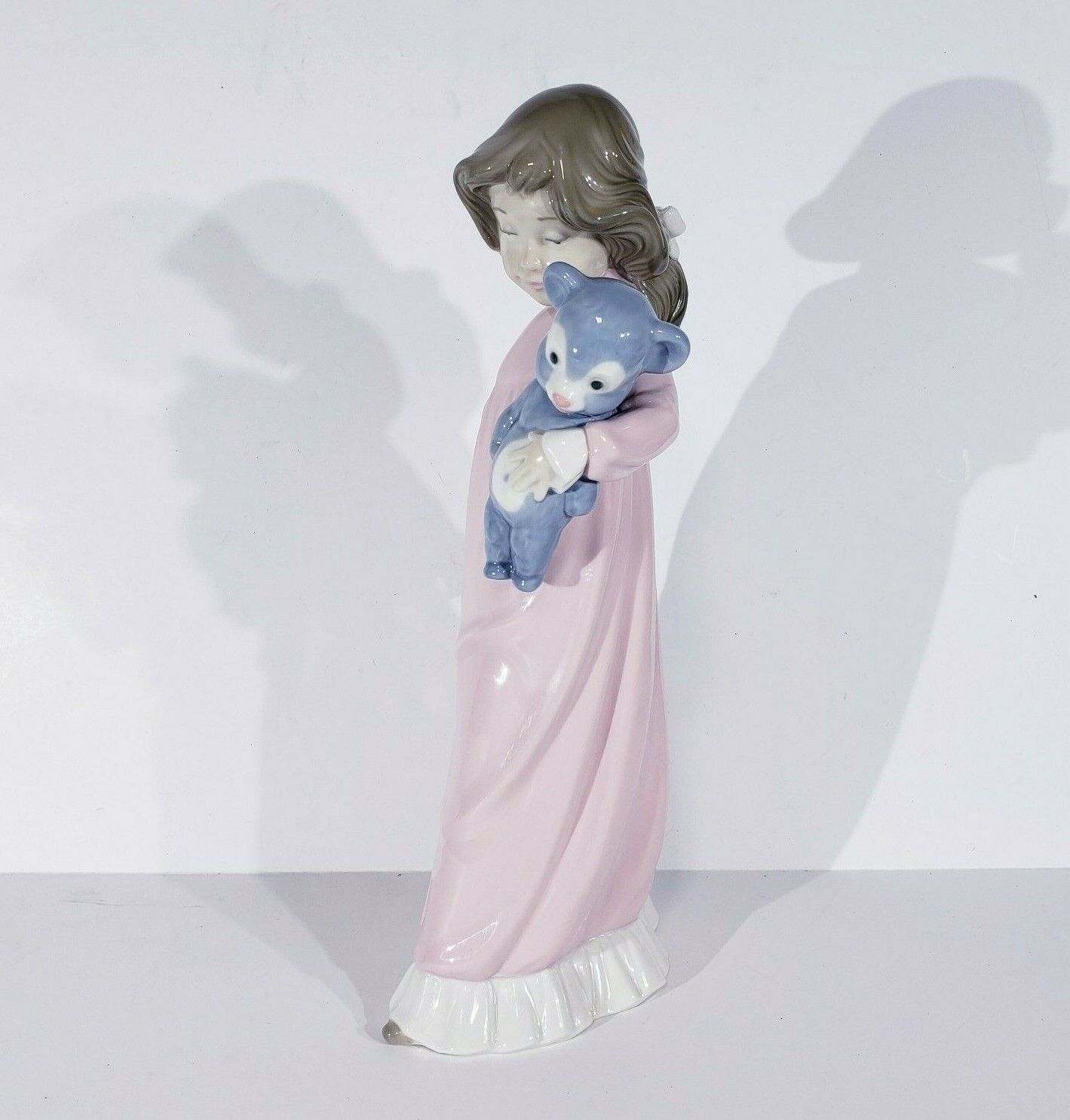 Zaphir Lladro Girl in Pink Nightgown Blue Teddy Bear Figure Made in Spain 12.5