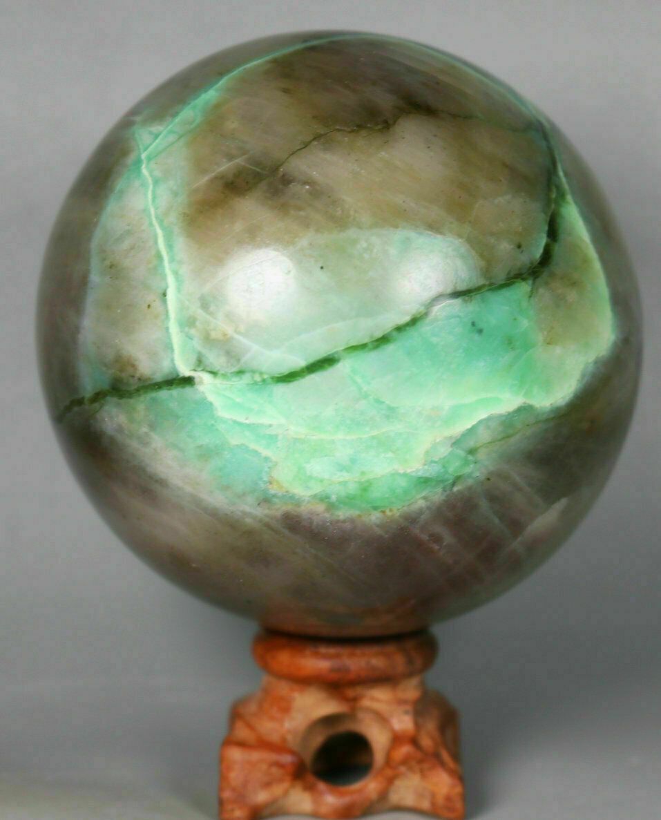 1.72lb Natural Green Moonstones Stone Rock Crystal Sphere Stone Ball/ Stand 82mm