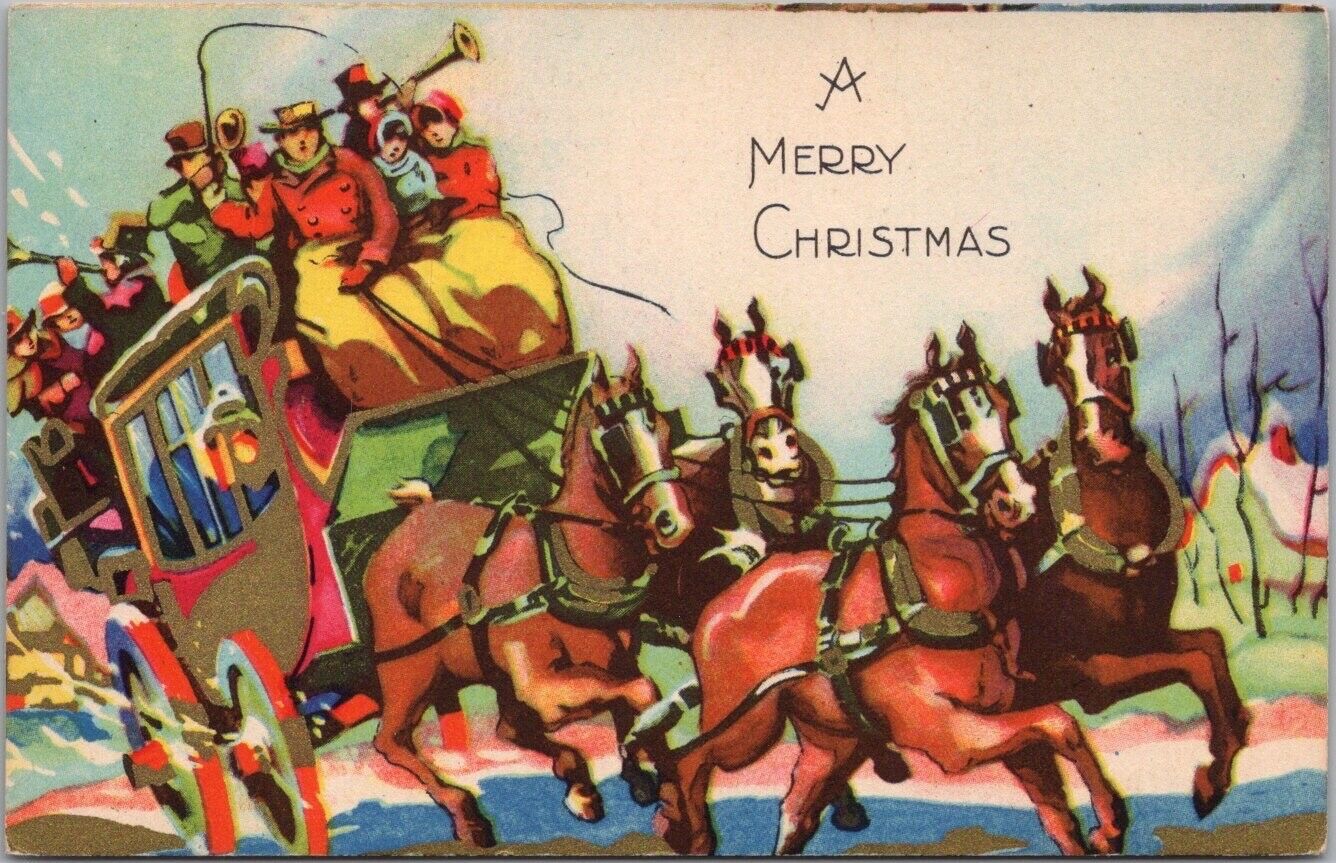 Vintage 1910s Art Deco MERRY CHRISTMAS Postcard Stage Coach Scene / UNUSED
