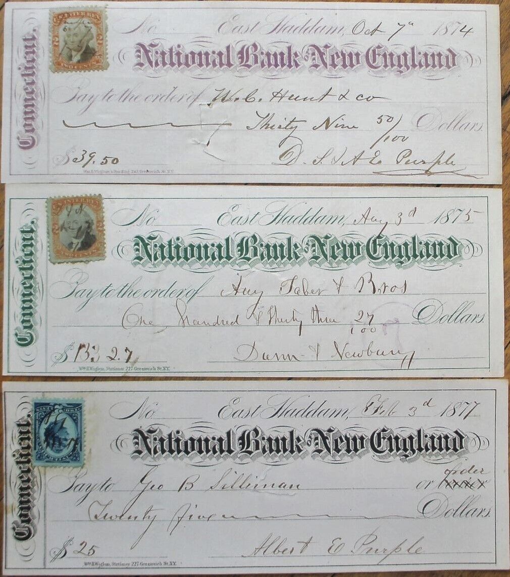 East Haddam, CT, National Bank of New England 1870s Bank Checks, Four Different
