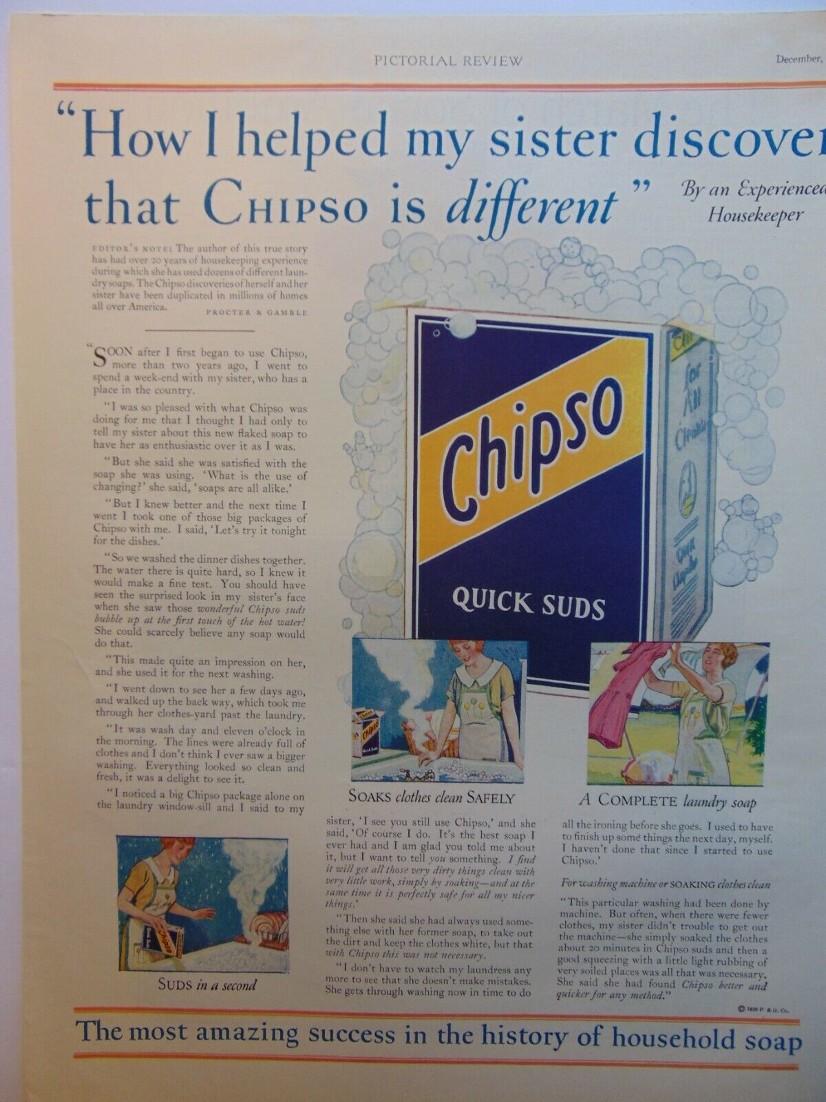 1926 CHIPSO SOAP QUICK SUDS vintage art print ad