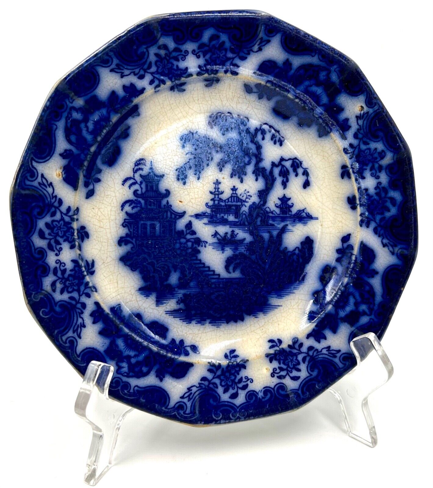 ANTIQUE BLUE FLOW TRANSFERWARE PLATE, SHANGHAE, JF & CO, JACOB FURNIVALS, c1840