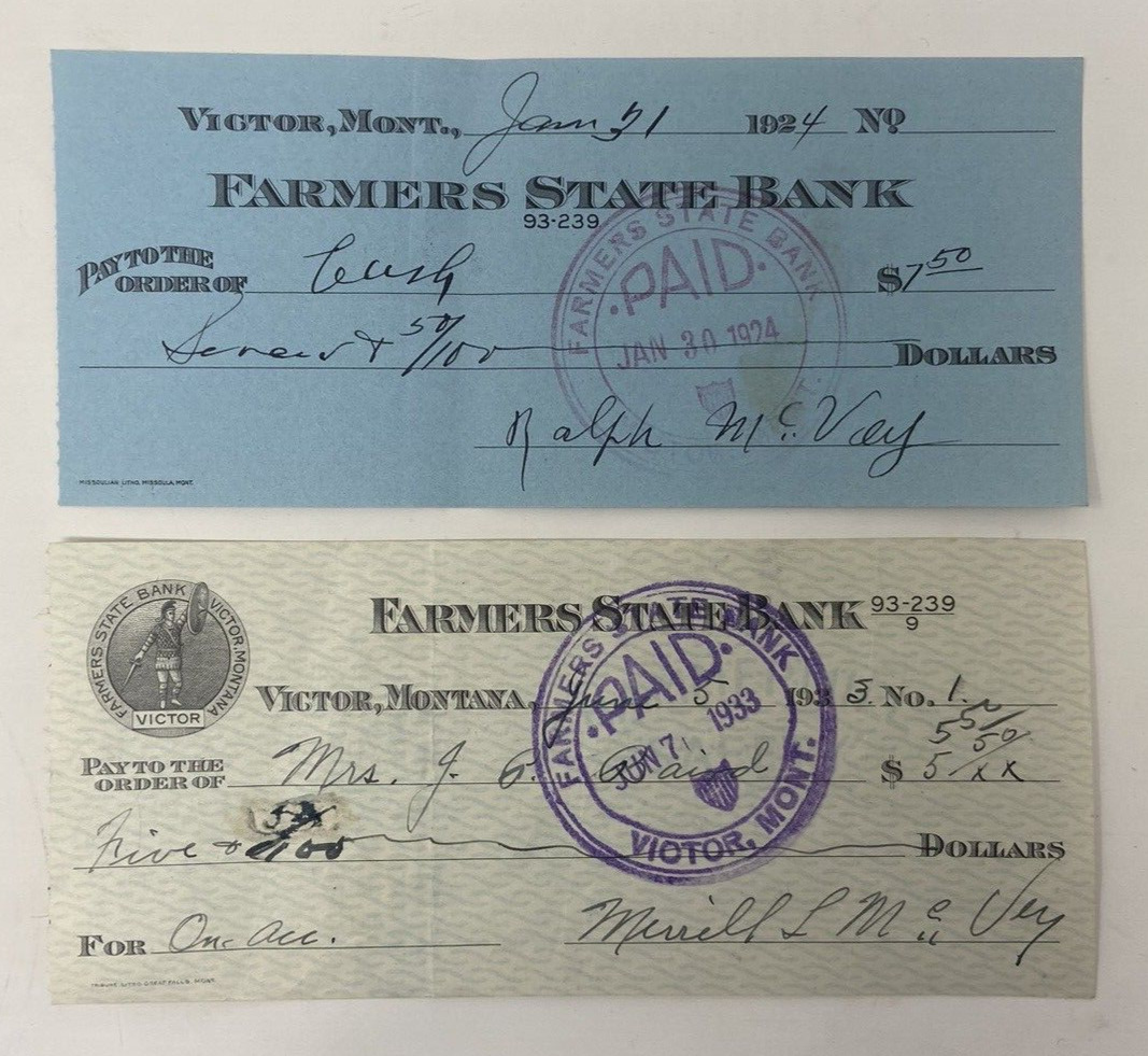 Rare Farmers State Bank Victor, Montana Checks 1933