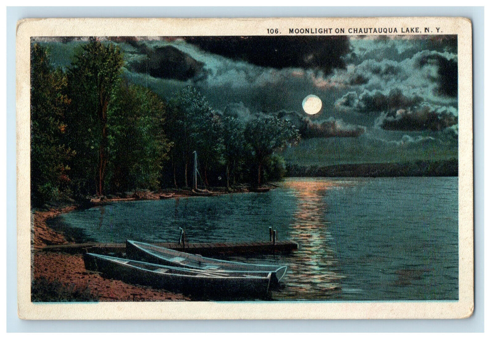 1924 Moonlight on Lake Chautauqua Lake, Chautauqua New York NY Postcard