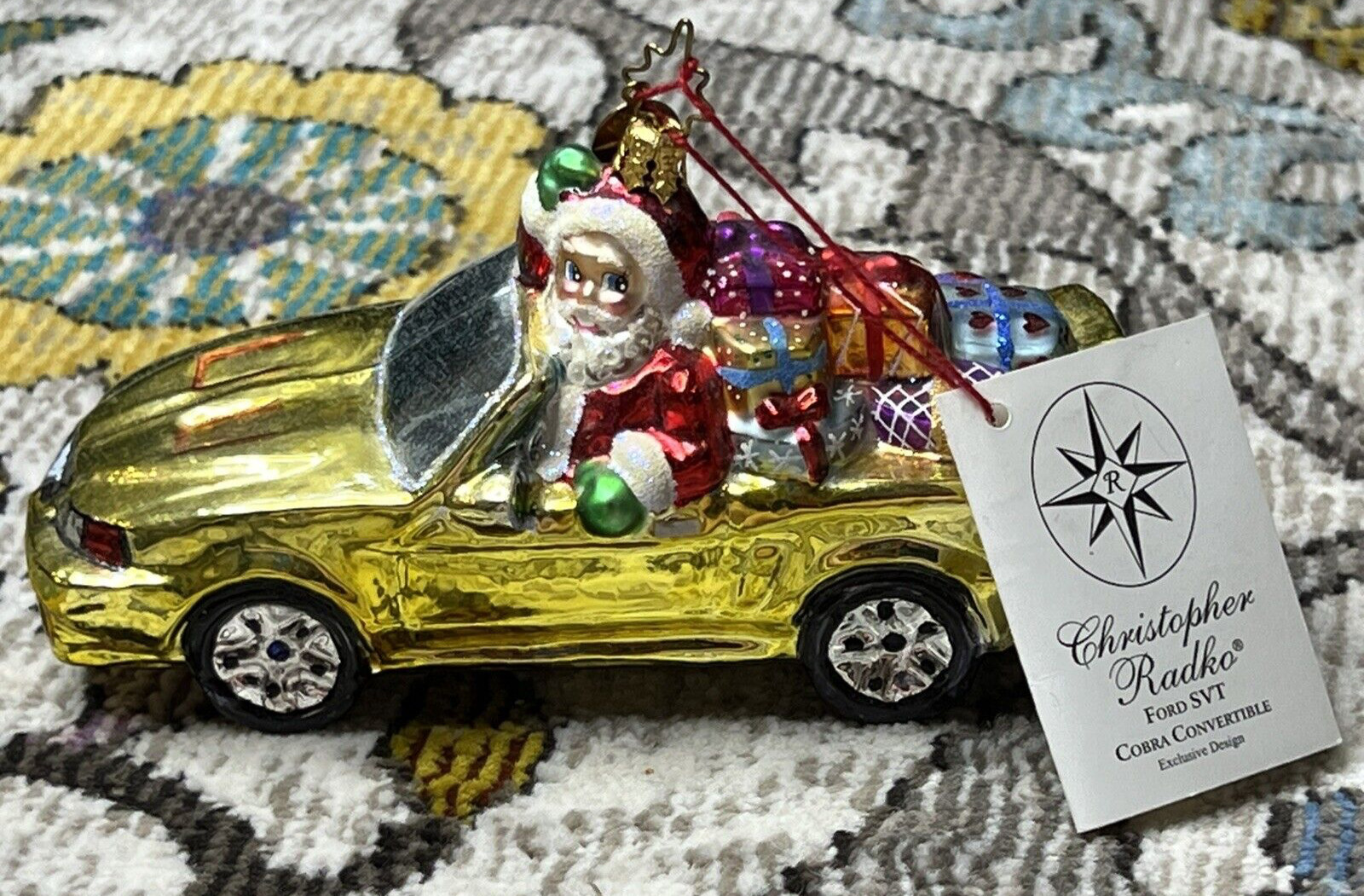 Christopher Radko Gold Ford Mustang Santa Christmas Tree Ornament NWT