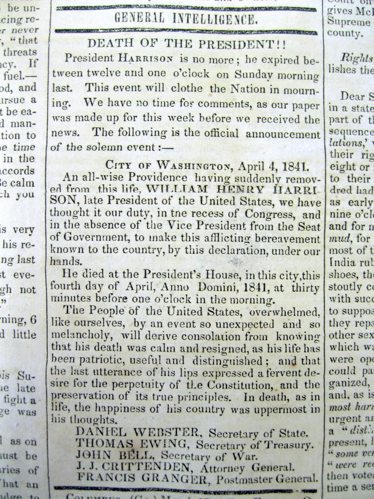 1841 newspaper with a 1st report DEATH of US PRESIDENT WILLIAM HENRY HARRISON