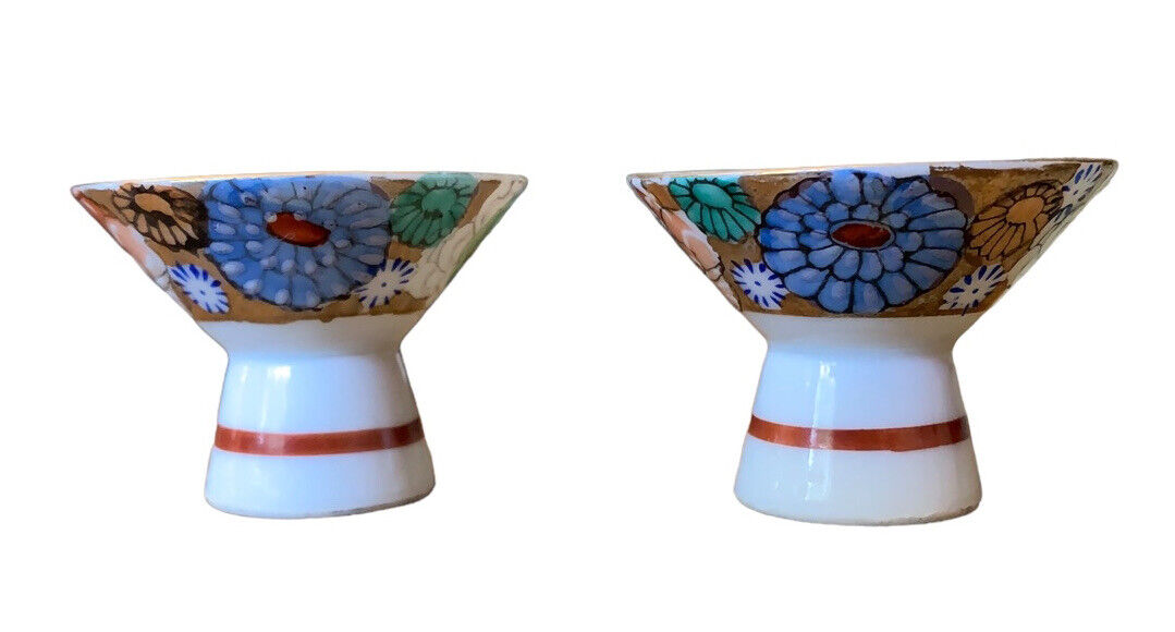 Vintage Japanese Genuine Kutani Mini Porcelain Footed Sake Cups Set of Two