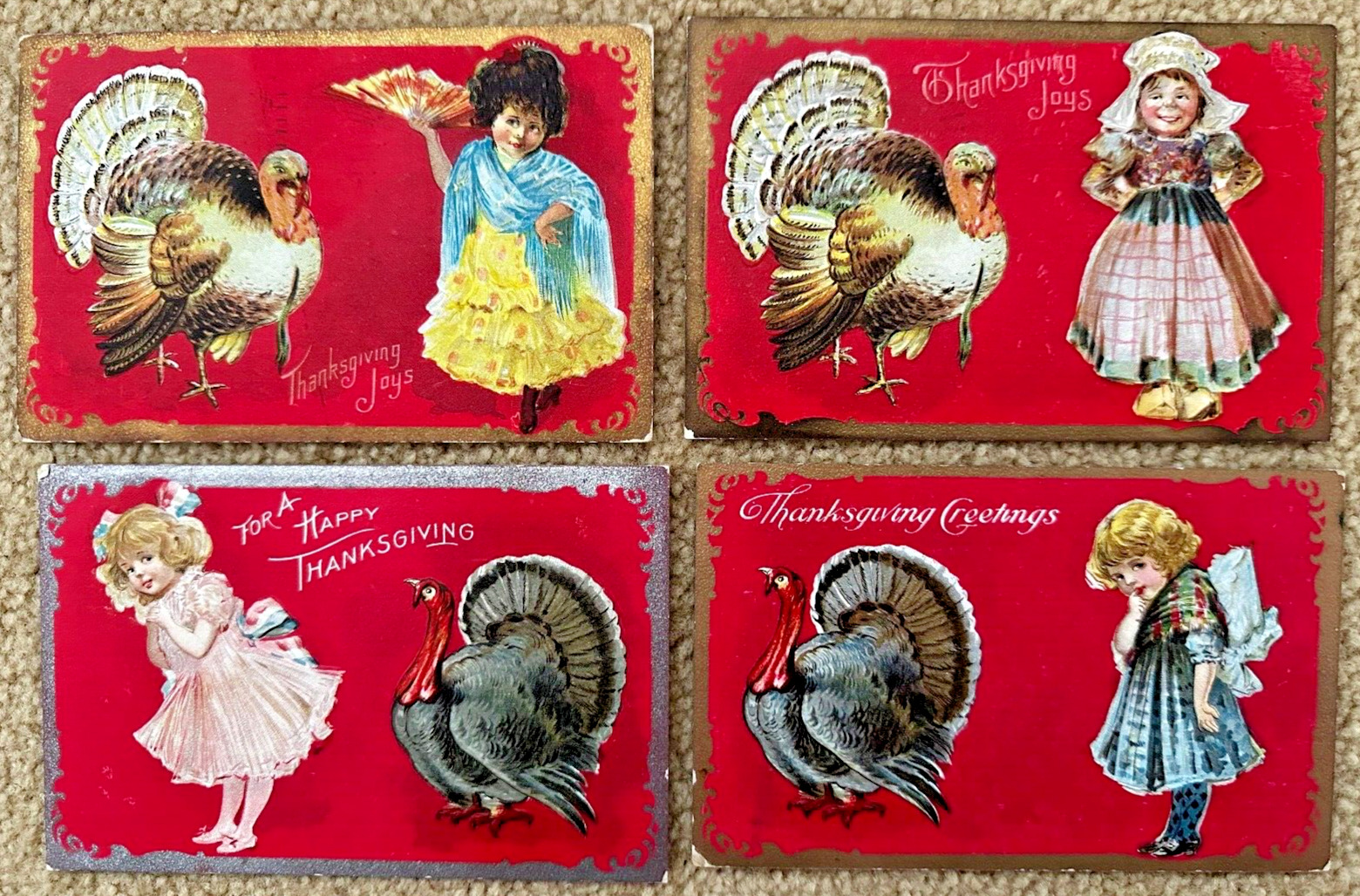 Four Embossed Thanksgiving Postcards Little Girl with Turkey