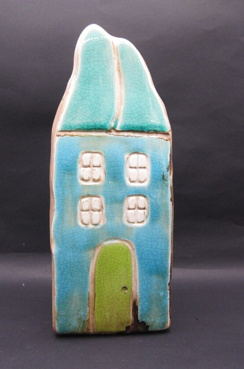 Whimsical Cottage House Crakle Vase  9 In High Multi Colors