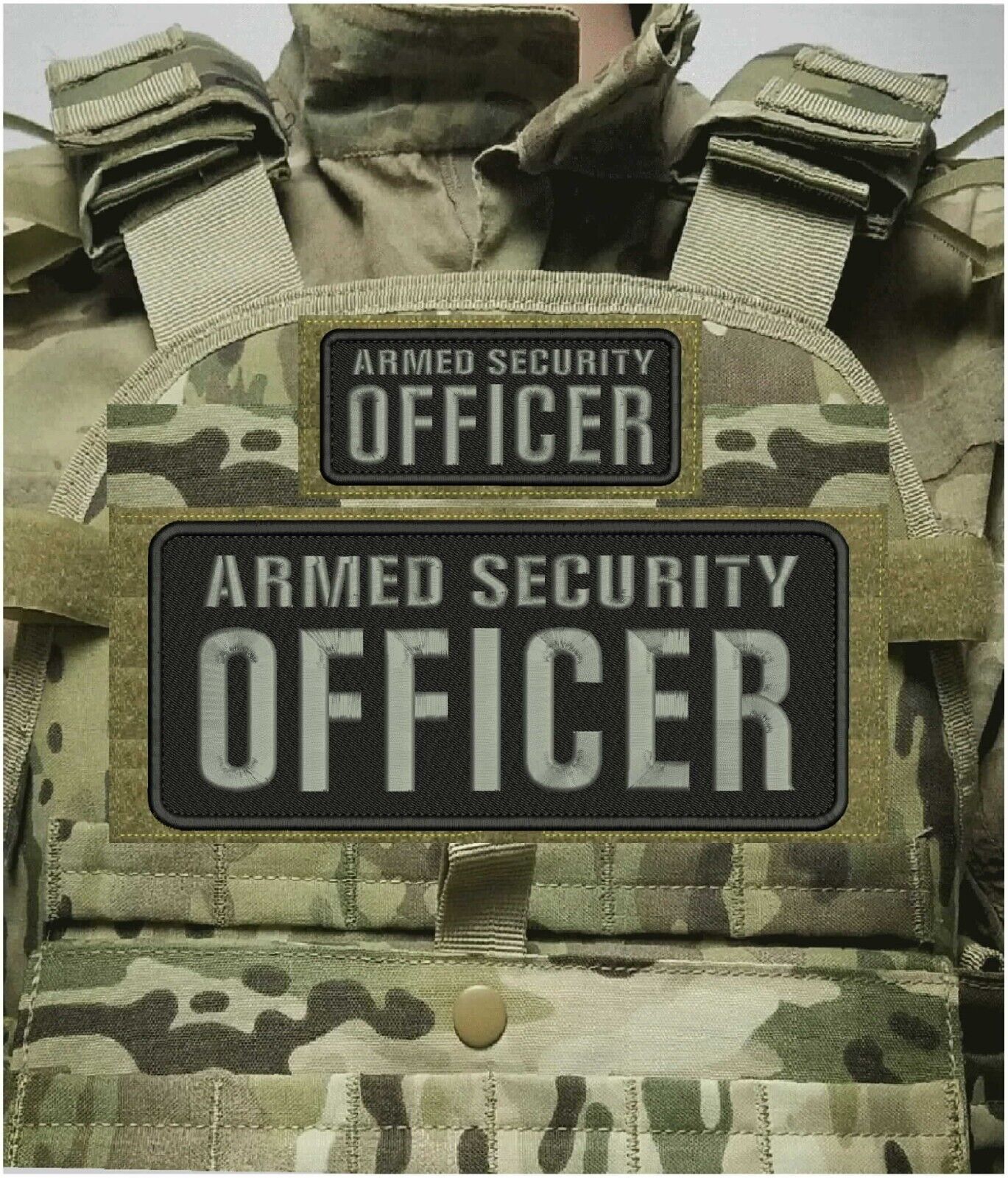 ARMED SECURITY Officer embroidery patches 4X10 and 2x5 hook on back grey