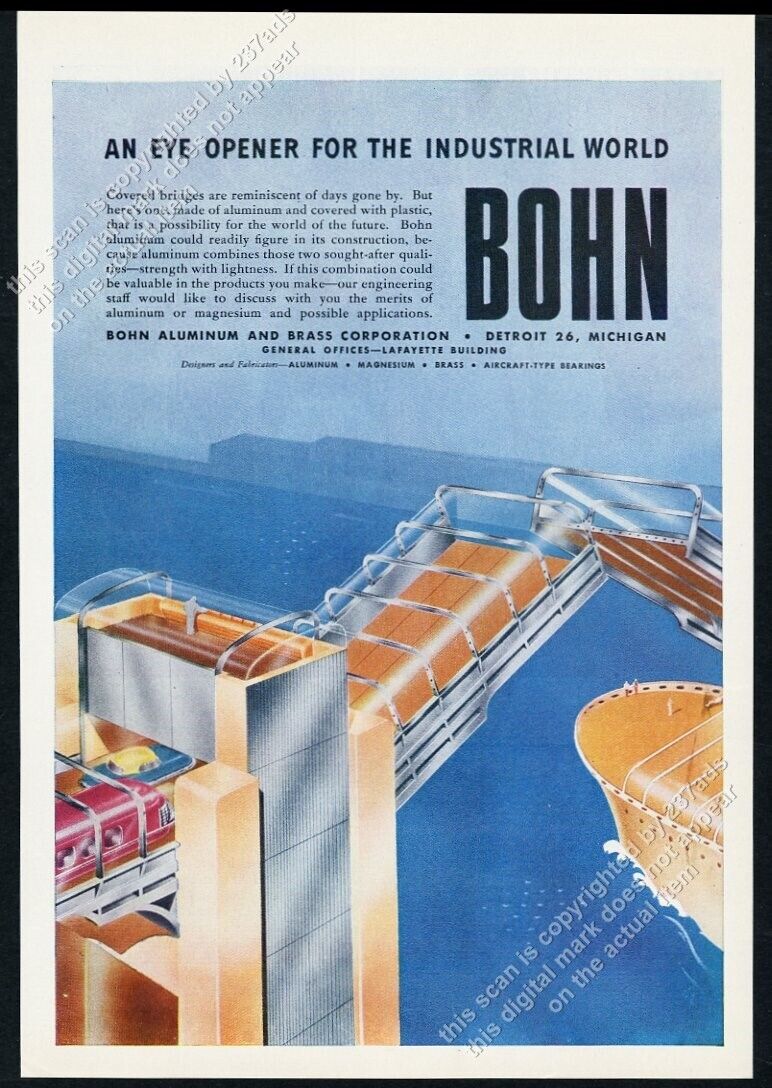 1946 streamlined future draw bridge car bus art Bohn aluminum vintage print ad