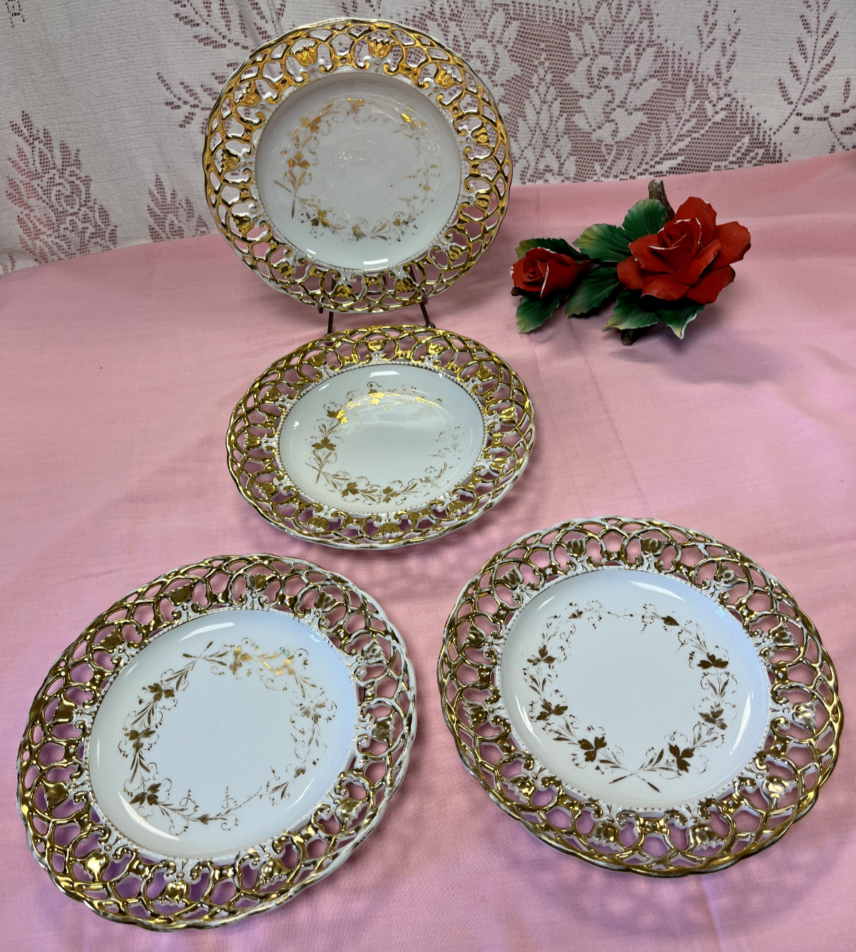 Set of 4-Vintage -Decorative Flower Plate-3D Gold- Lace Edge 8 1/4” Handmade.