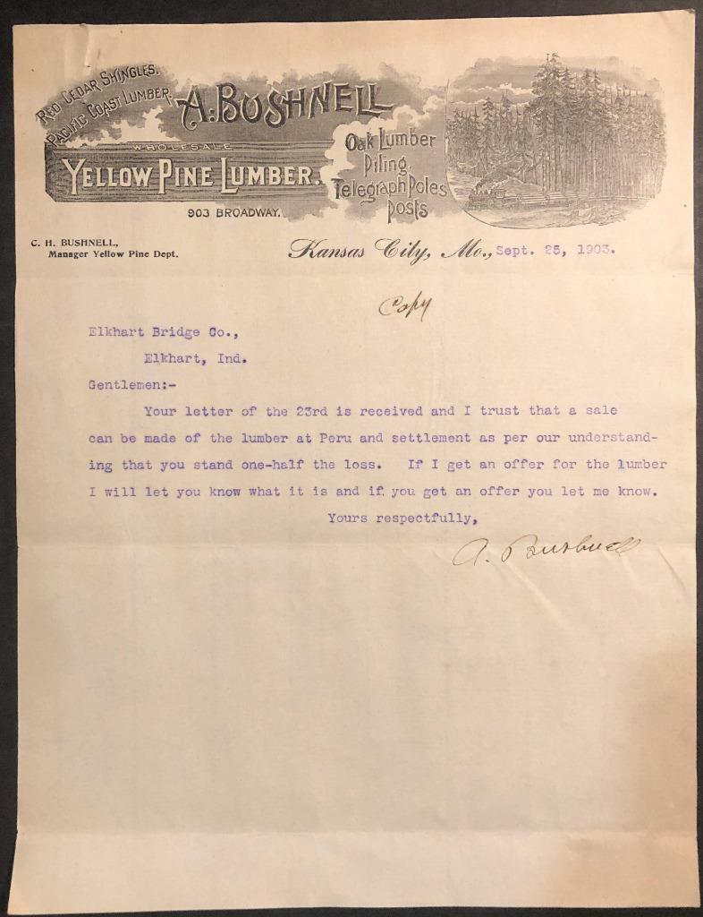 1903 Letter A. Bushnell Pine & Oak Lumber 903 Broadway Kansas City, Missouri