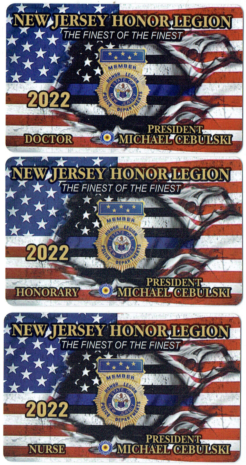 New Jersey Honor Legion 2022 (3) Doctor-Nurse-Honorary Courtesy Cards ~ Obsolete