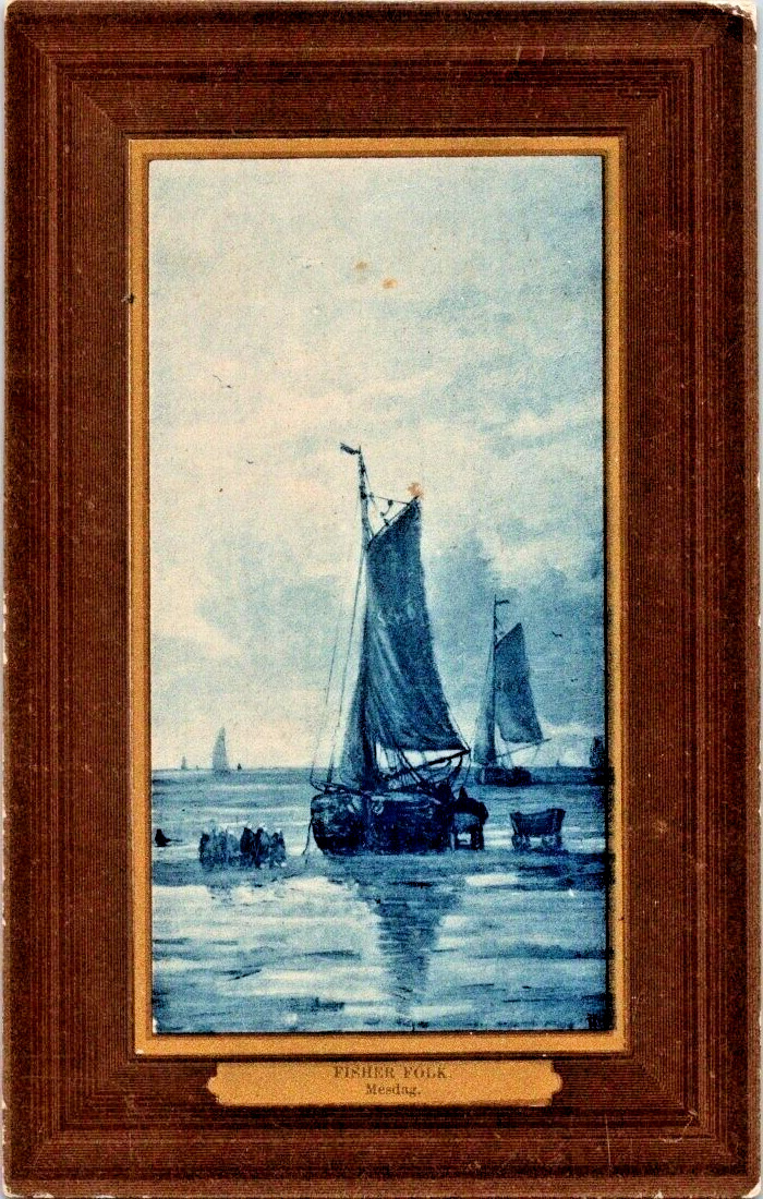 Fisher Folk, Hendrik Willem Mesdag beautiful framed sail boat 1906 postcard a68