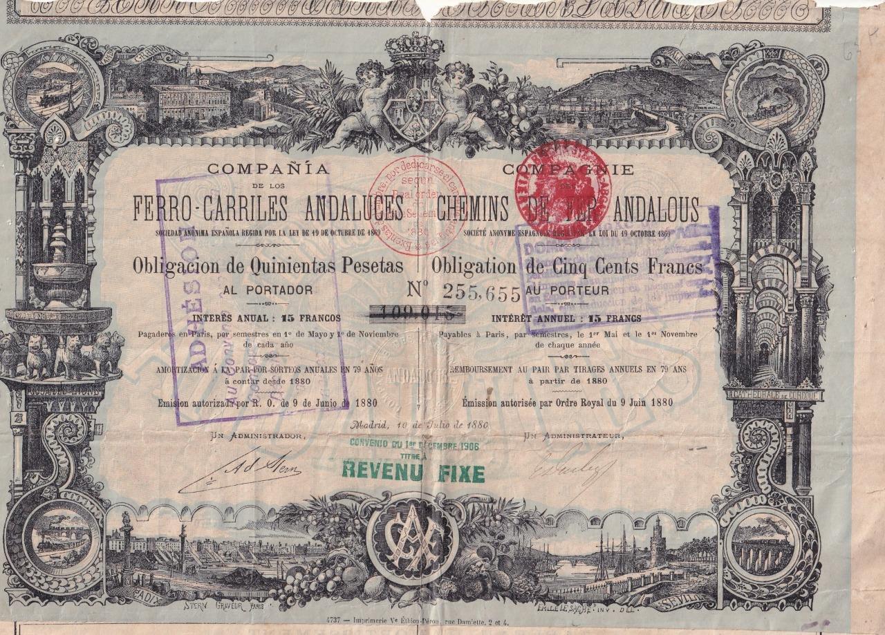 1880 Ferro Carriles Andaluces bond - Andalusia, Spain railroad bond
