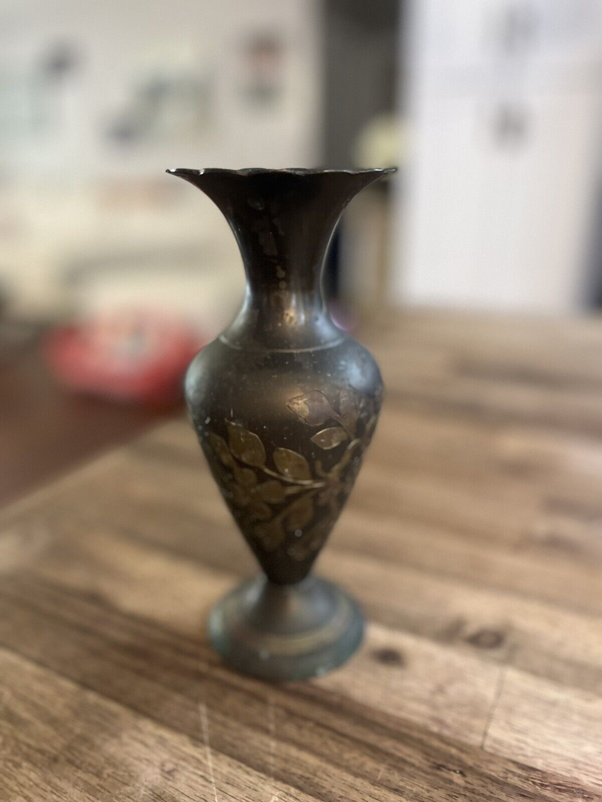 Vintage Brass Engraved Bud Vase 7 3/4” Patina Floral Design